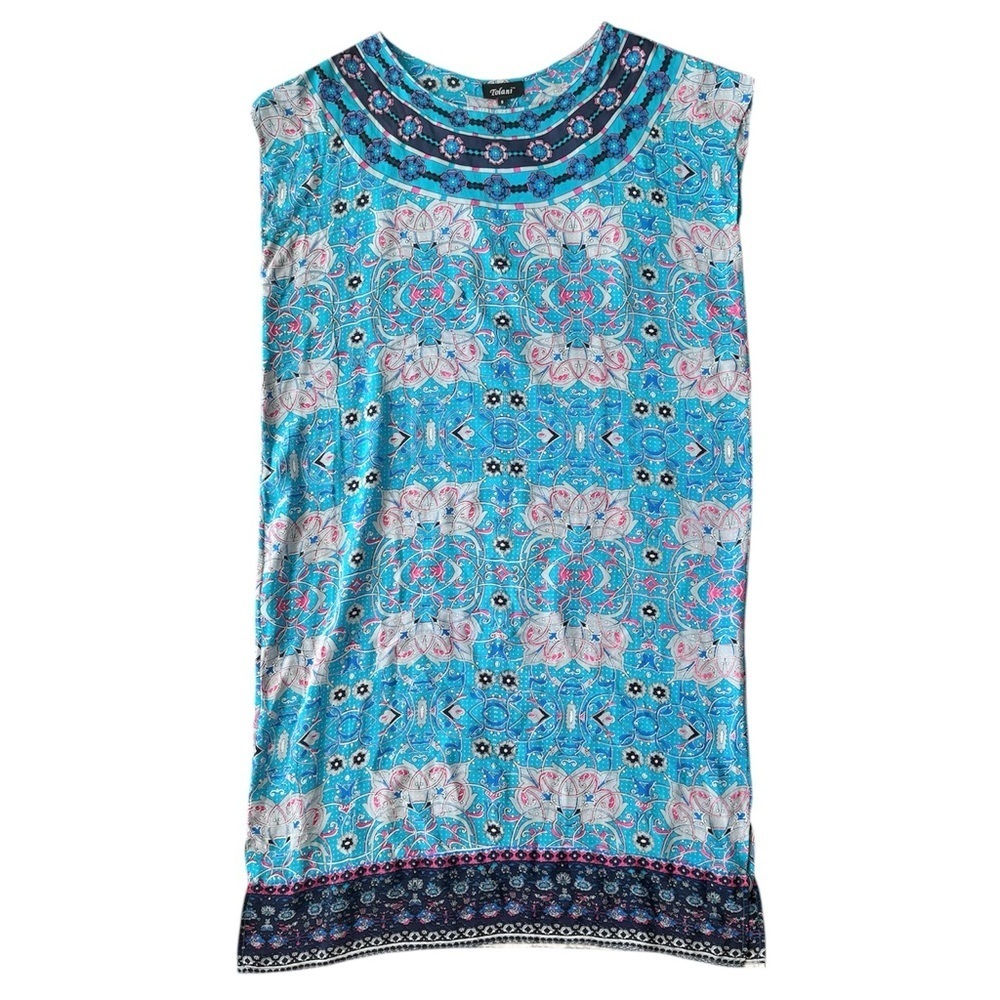Tolani Silk Tunic Dress Blue Floral Short Sleeve Art To Wear Boho Resort Artsy